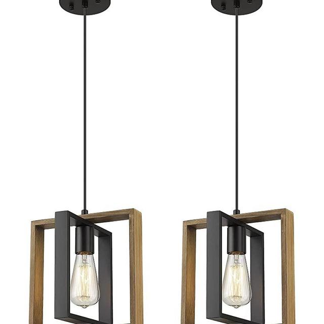 Ken & Ricky Farmhouse Pendant Lighting Fixture, Soild Wood Hanging Light, Rustic Kitchen Island Light Fixture with Adjustable Cord for Entryway Dinning Room Bathroom Bedroom - 2 Pack