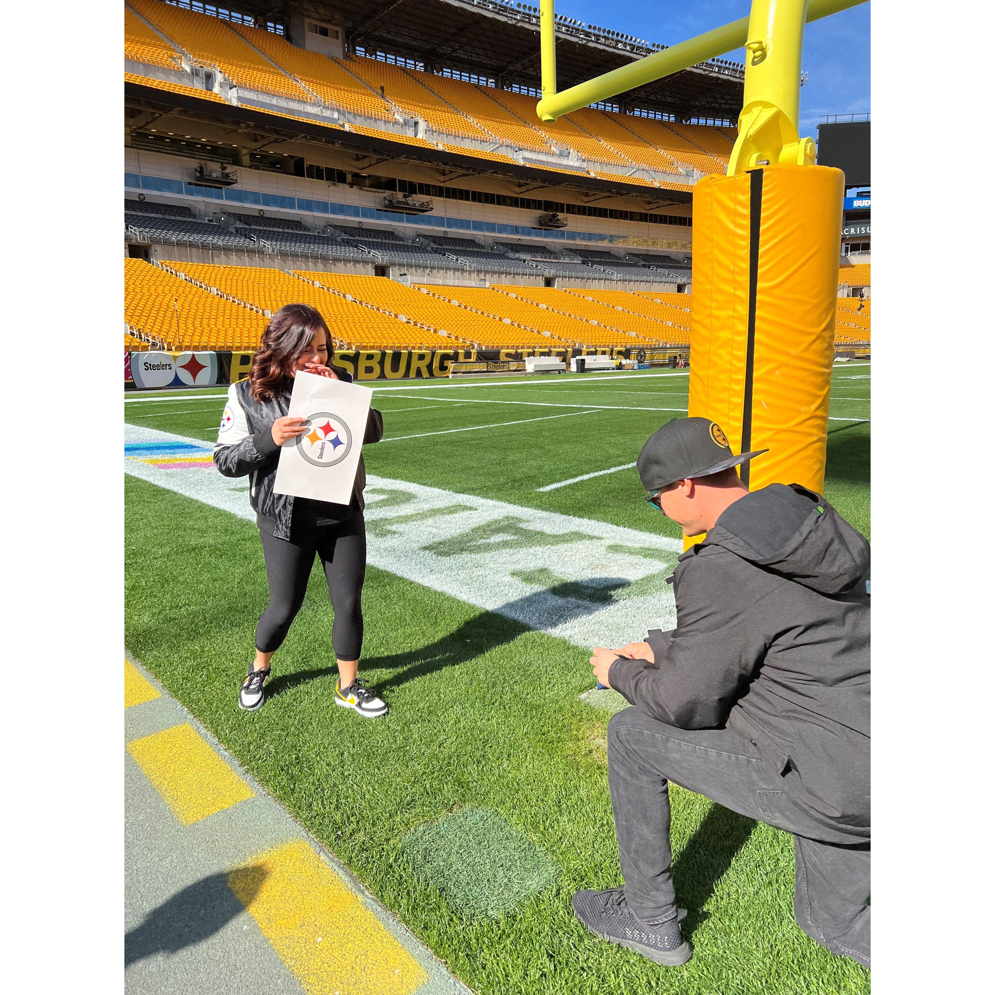 The Proposal on the field in the end zone of the Steelers stadium