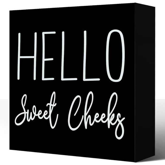 LVQHI Cute Bathroom Shelf Decor, Hello Sweet Cheeks Sign Wooden Box for Shelves Toilet Restroom Tabletop Decoration, Funny Black Bathroom Sign Decor, 5'' L x 5" H ﻿