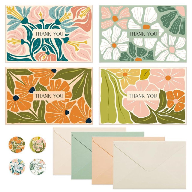 Thboxes Thank You Cards with Envelopes, 36 Pack Teacher Appreciation Cards with Stickers, Teacher Appreciation Gifts, 4x6 Inch Thank You Card Bulk for Graduation, Teacher's Day, Mother's Day, Wedding