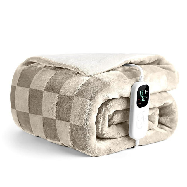 IUUI Heated Blanket Electric Throw Checkered- 50x60 Inches Soft Flannel Heating Blanket,Fast Heating Blanket 6 Heating Levels & 2 Hours Auto Off ETL Certification (Light Brown, Throw 50" x 60")