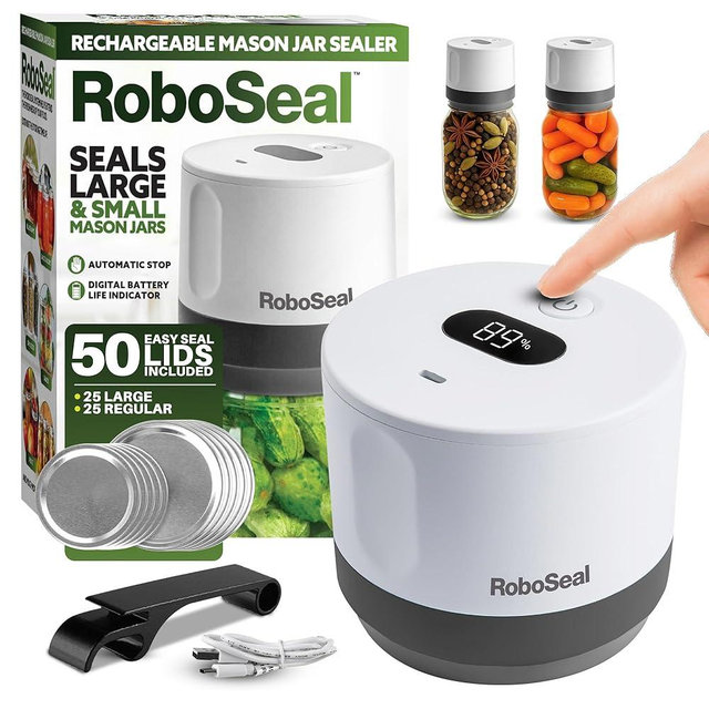 RoboSeal Rechargeable Mason Jar Vacuum Sealer for Mason Jars Wide & Regular Mouth, One Touch Operation Canning, 50 Jar Lids & Jar Opener Included, Digital Battery Indicator, Preserves Foods 5x Longer
