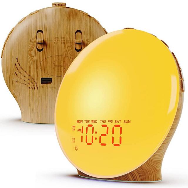 Wake Up Light Sunrise Alarm Clock for Kids, Heavy Sleepers, Bedroom, Full Screen with Sunrise Simulation, Fall Asleep, Dual Alarms, FM Radio, Snooze, Daylight, 14 Colors, 7 Natural Sounds, Wood Grain