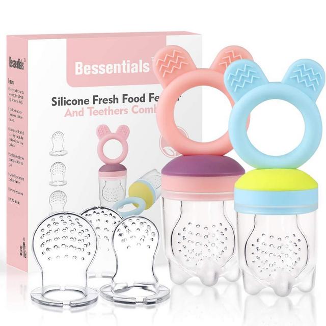 Baby Fruit Food Feeder Pacifier - 2 Packs Silicone Fresh Fruit Feeder BPA Free [All Sizes Silicone Food Pouches Included] (Blue&Pink)