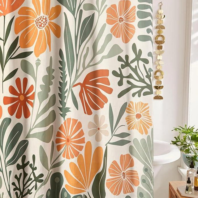 RoomTalks Cute Colorful Floral Faux Linen Shower Curtain for Funky Aesthetic Bathroom Decor - Heavy Duty Modern Abstract Matisse Summer Flowers Plants Botanical Shower Curtain Set