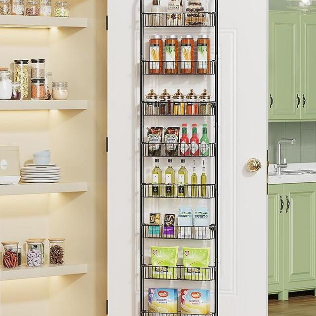 TIMEBAL 8 Tier Over the Door Pantry Organizer Rack, Over the Door Organizer and Storage with 8 Large Baskets, Metal Hanging Spice Rack Organizer for Kitchen, Toilet Bathroom Over Door Organizer, Black