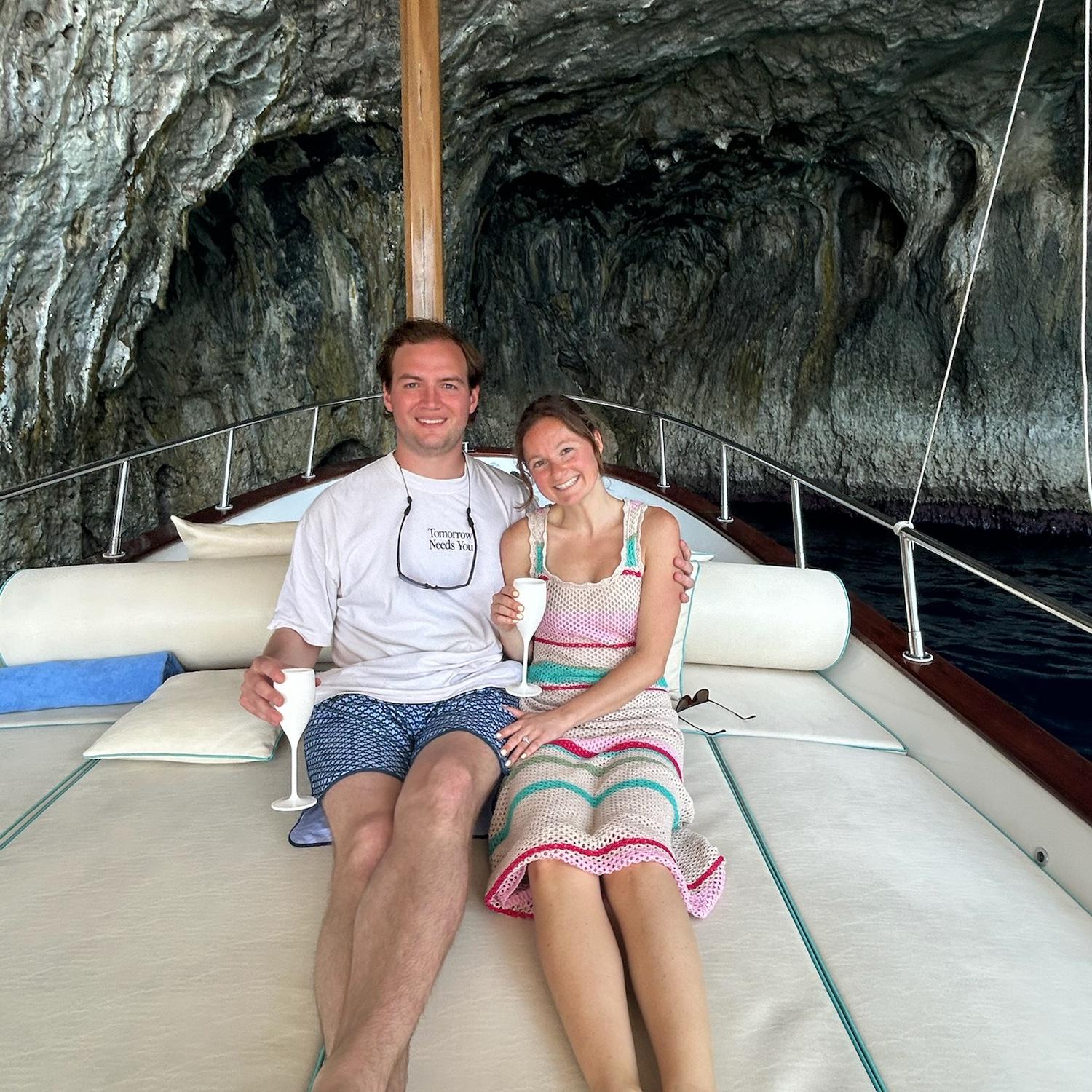 Stopped in the "Cave of Love" on our unforgettable boat tour in Capri, Italy 2025. If you look closely, you can see a heart naturally etched into the stone!