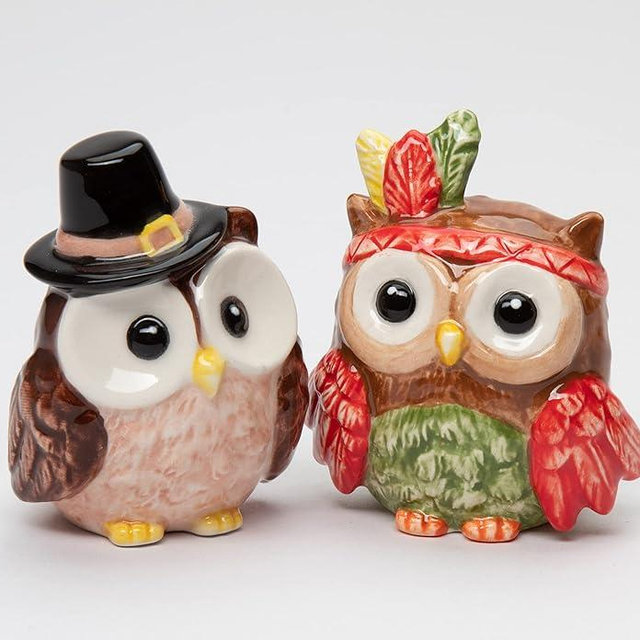 Fine Ceramic Thanksgiving Pilgrim & Native American Indian Owl Salt & Pepper Shakers Set, 2-7/8" H