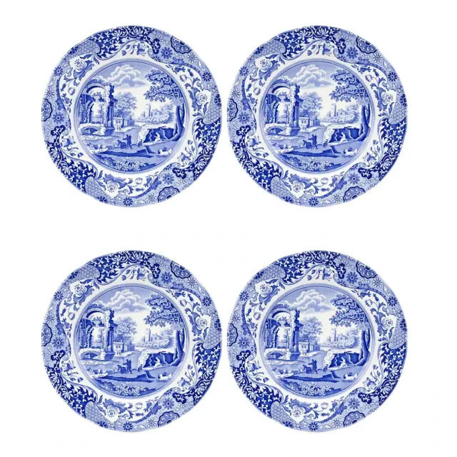 Spode Blue Italian 9-Inch Porcelain Luncheon Plates - Set of 4 Classic Round Dishes with Eastern-Inspired Border