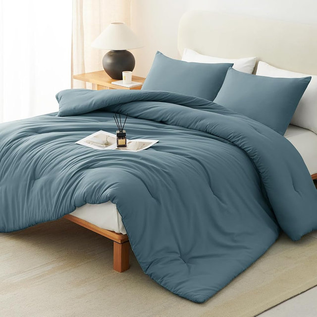 CozyLux Oversized King Comforter Set Mineral Blue, 3 Pieces 120"x98" Lightweight Down Alternative Quilted Bedding Sets, All Season Breathable Solid Comforter with 2 Pillowcases, Bed Set Gift for Home