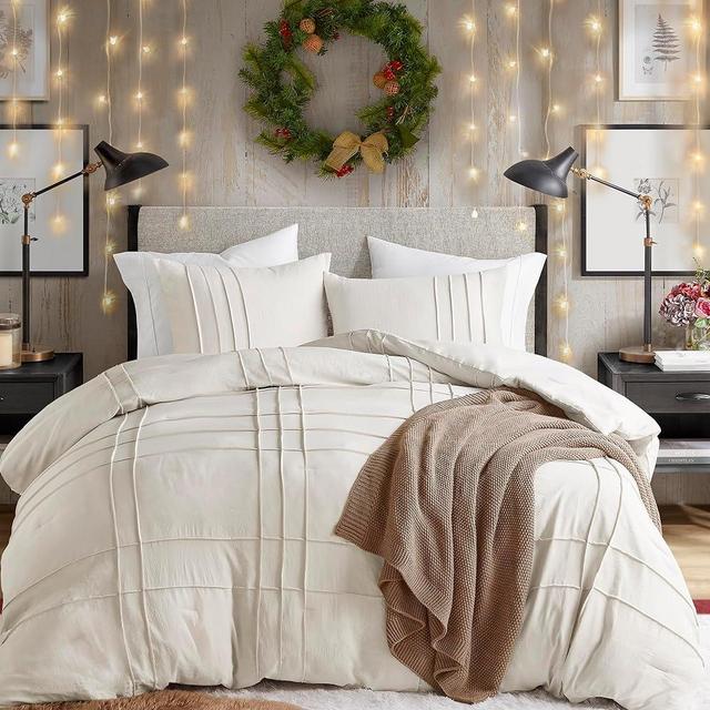 Comfort Spaces Cream Queen Comforter Set - 3 Pieces Pintuck Pleated Farmhouse Bedding Sets Queen, All Season Lightweight, Cotton-Like Softness Pre-Washed Microfiber Queen Bed Set, Shams, Full/Queen