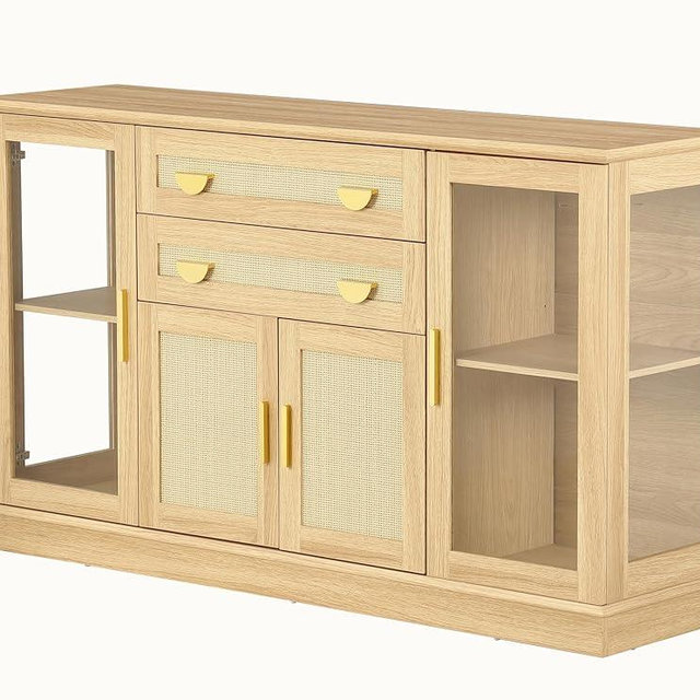 FOREST GRAVITY 58.27'' Buffet Cabinet with 2 Drawers and Adjustable Shelves,Large Glass Door Coffee Bar Cabinet,Modern Farmhouse Sideboard Credenza for Kitchen,Natrual with Faux Rattan
