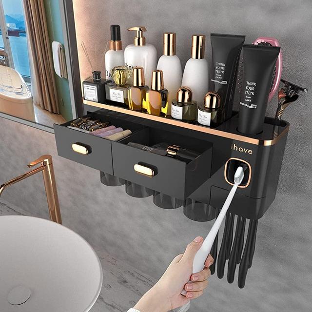 iHave Toothbrush Holders for Bathrooms - Upgrade Wall Mounted Toothbrush Holder with Toothpaste Dispenser - 4 Cups, Large Capacity Tray, 2 Cosmetic Drawer - Bathroom Organizer & Bathroom Storage