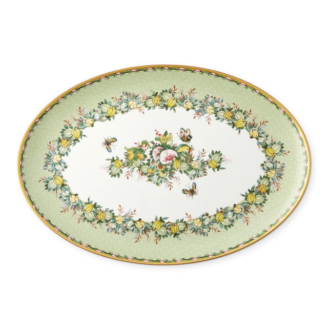 Famille Rose Oval Platter, Green Leaves