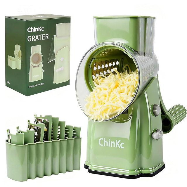 ChinKc Upgrade Rotary Cheese Grater Shredder with Handle, Strong Suction Base, Multi-purpose Rotary Grater Slicer with 5 Interchangeable Blades for Ice, Vegetables, Fruit, Nuts with Blade Storage Box