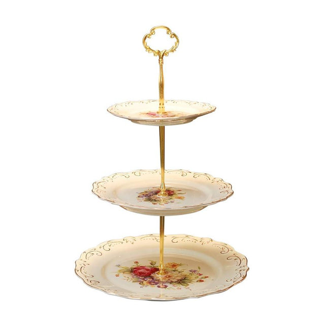 YOLIFE Flowering Shrubs 3 Tiered Cupcake Stand, Emboss Golden Leaves Edge Tea Party Pastry Tower, 6-8-10 inch