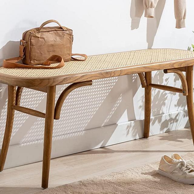 Kmax Upholstered Bench Wicker Rattan Entryway Bench Rustic Solid Wood 45 Inch for Living Room/Bedroom/Hallway