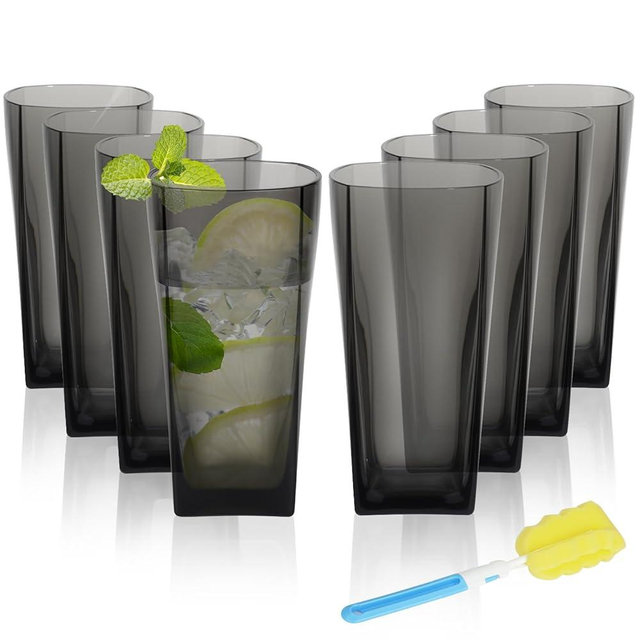 ALIMOTA 20-Ounce Reusable Drinking Glasses, Clear Shatterproof Plastic Tumblers with Cleaning Brush, Shatterproof Acrylic Glasses Drinkware, BPA Free, Set of 8 (20 Oz, Gray)