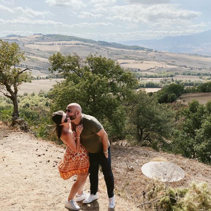 The Val d'Orcia near Pienza. If you can believe it, these are not our only pair of matching shoes.