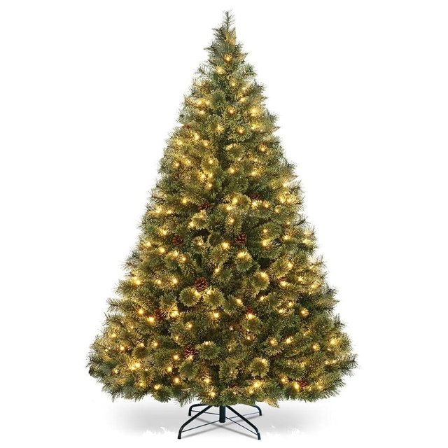 HAPPYGRILL 6FT Pre-Lit Hinged Christmas Tree Artificial Pine Tree with 484 Tips & 260 LED Lights, 49 Pine Cones & Foldable Metal Stand, Holiday Decoration Xmas Tree for Home and Shop