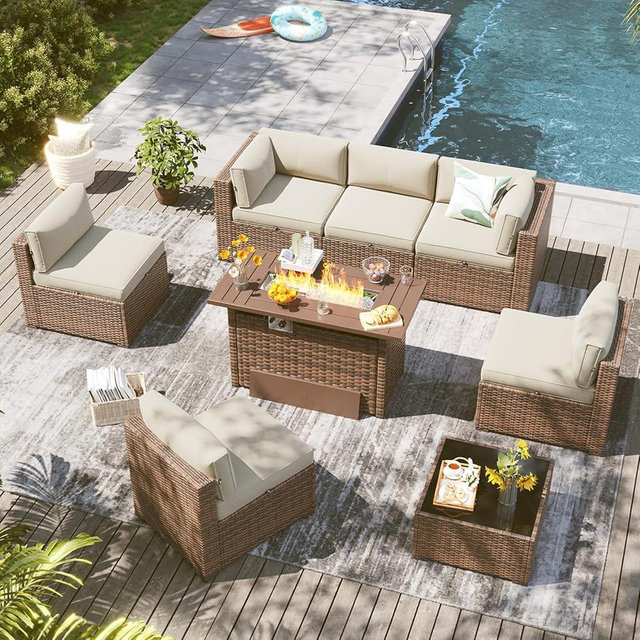 LazySunsets 8 Piece Outdoor Patio Furniture Set with 44'' Fire Pit Table, Outdoor Patio Furniture Set with Waterproof Cover, Wicker Rattan Outdoor Conversation Set for Backyard & Garden, Beige