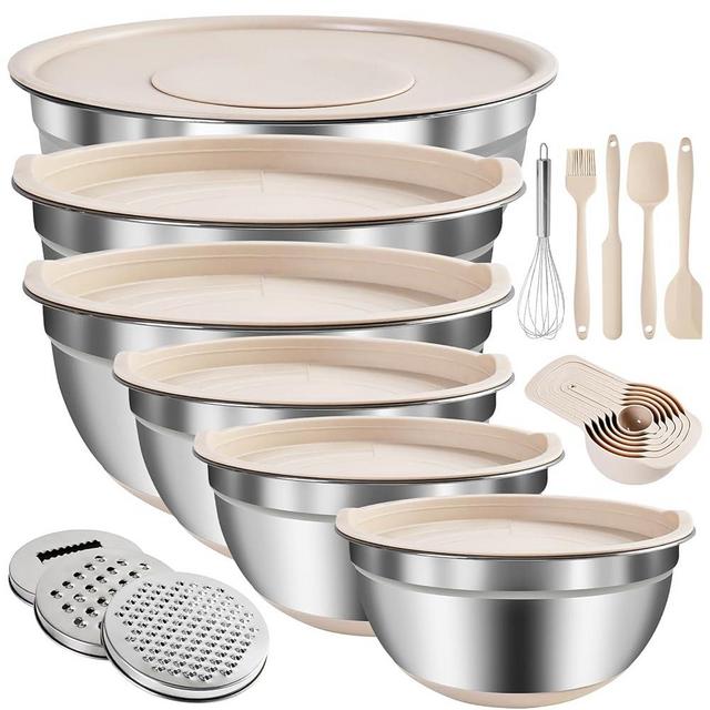 Mixing Bowls with Airtight Lids Set, 20 PCS Kitchen Gadgets Set, 6 Stainless Steel Bowls, 3 Grater Attachments, Non-Slip Silicone Bottoms, Great for Serving&Baking, Size 5, 4, 3.5, 2.1, 1.5, 1.1QT
