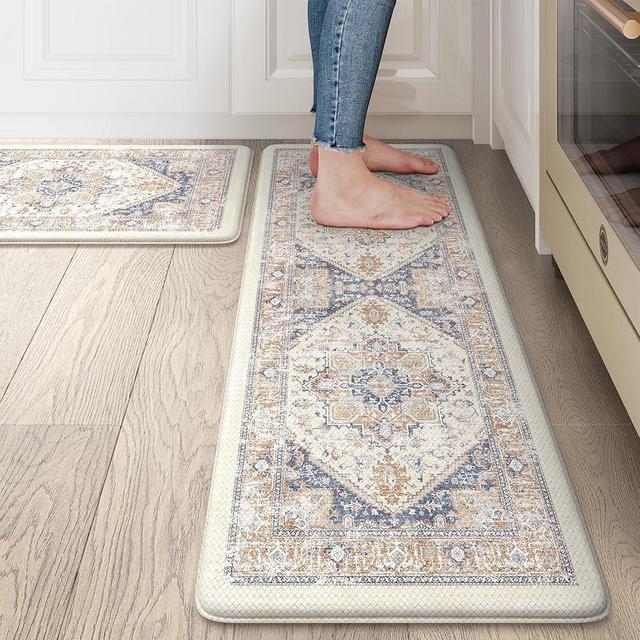 LEEVAN Kitchen Rugs Non Slip, Cushioned Kitchen Floor Mats Set of 2, Anti-Fatigue Kitchen Mat Waterproof, Ergonomic Memory Foam Standing Mat for Bar,Office,Desk,Laundry(Blue&Yellow)