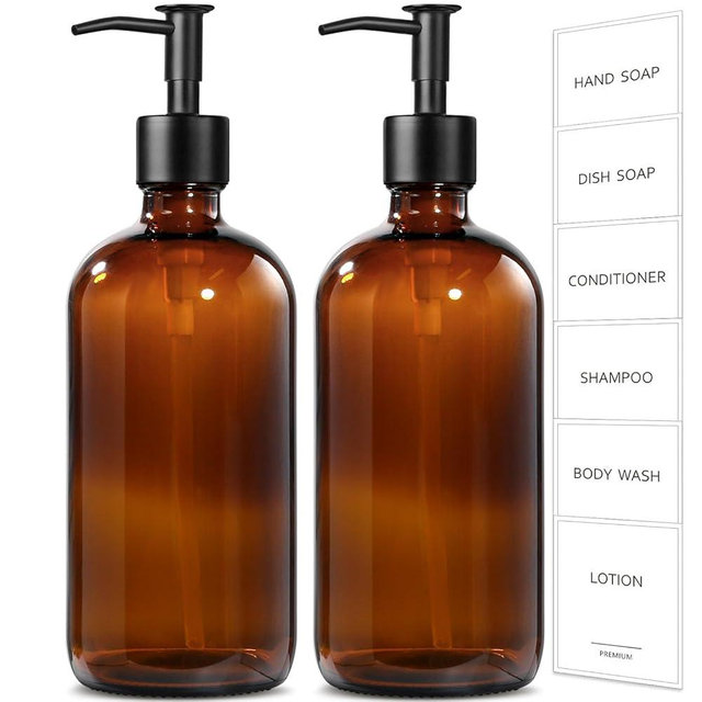 GMISUN Amber Glass Soap Dispenser, 2 Pack Bathroom Hand Soap Dispensers with Stainless Steel Pump, 17 Fl Oz Kitchen Hand and Dish Soap Dispenser Set, Modern Vintage Liquid Brown Soap Dispensers Bottle