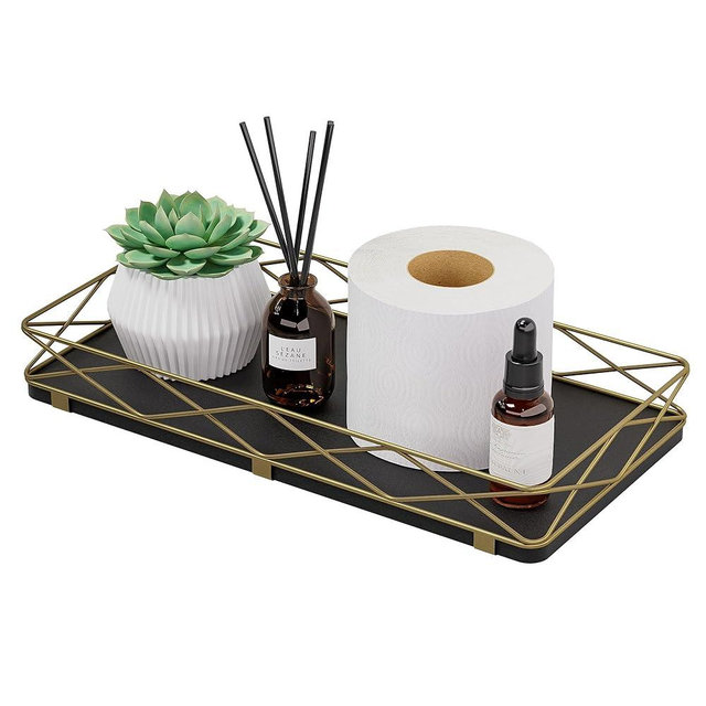 Lixple Toilet Paper Basket Holder, 13" Bathroom Tray Countertop, Wood and Metal Toilet Tank Tray Bathroom Vanity Organizer for Toiletry, Kitchen Sink Organizer for Soap Dispenser (Black + Gold)