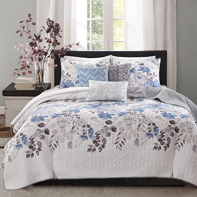 Madison Park Quilt Modern Classic Design All Season, Breathable Coverlet Bedspread Lightweight Bedding Set, Matching Shams, Decorative Pillow, King/Cal King(104"x94"), Luna, Floral Blue, 6 Piece