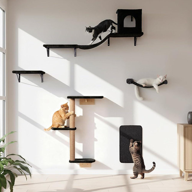 PELUOMOZ Wall Mounted Cat Furniture Combo of 5, 5 in 1 Cat Shelves with Hammock, Bridge, Climbing Tree, Scratcher & Perch – Indoor Wall Cat Playground for Large Cats, Holds Up to 30 lbs,
