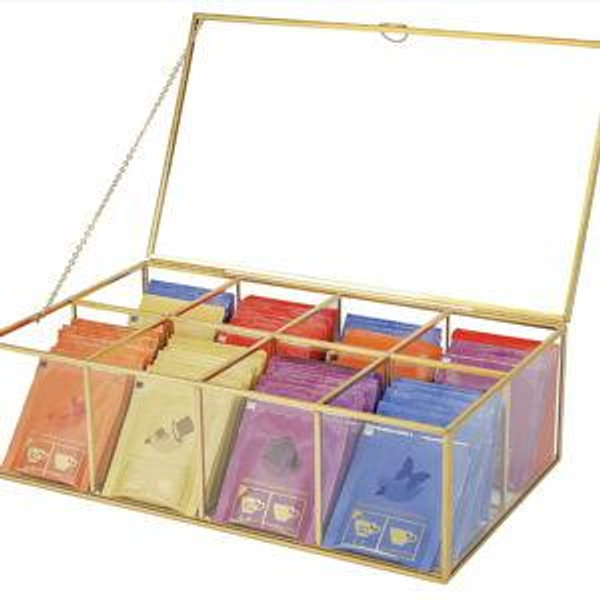 REDHUGO Glass Tea Bag Organizer with 8 Compartments, Handmade Large Tea Bag Storage Box for Counter Kitchen, Tea Bag Holder,Tea Storage Containers with Lid,Tea Accessories Gifts for Tea Drinkers,Gold