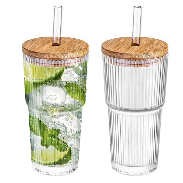 Dingerjar 20 oz Ribbed Glass Tumblers with Bamboo Lids and Glass Straws, 2 Pcs Wide Mouth Thickened Vintage Glass Cup for Boba, Iced Coffee, Juice