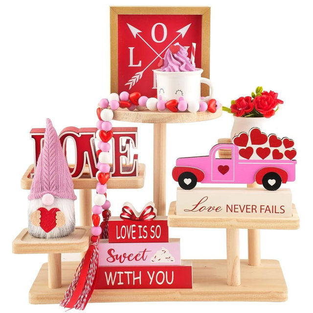 8 Pieces Valentine's Day Tiered Tray Decor, Valentine Home Table Tray Shelf Decor Gifts, Tray Objects Decoration Bundle Plush Gnome Ceramic Wood Sings Bead Garland Love Plaques Decorative Set