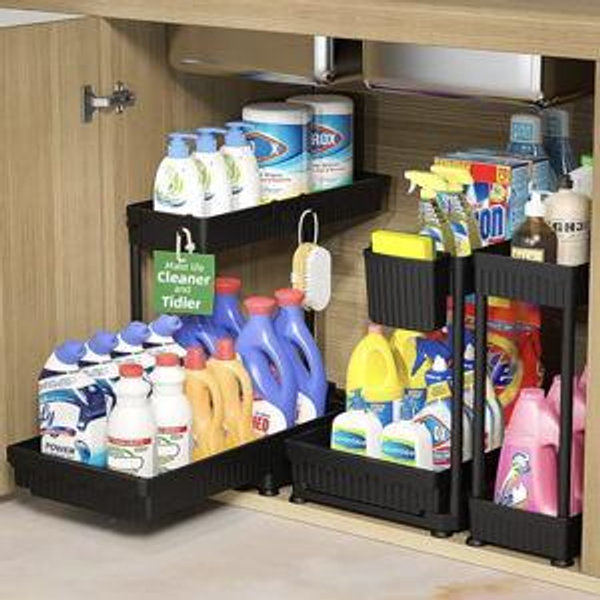 Color Black- 3 Pack Multi-Purpose Pull-Out Storage Organizers, 2-Tier L-Shaped Under Sink/Cabinet Organizers and Storage for Bathroom & Kitchen, Black, 12.8 Inches