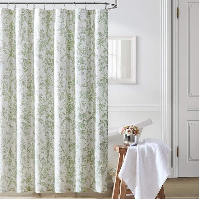 Laura Ashley Home | Natalie Collection | Shower Curtain-100% Cotton & Lightweight, Stylish Floral Design, Machine Washable for Easy Care, 72 x 72, Sage