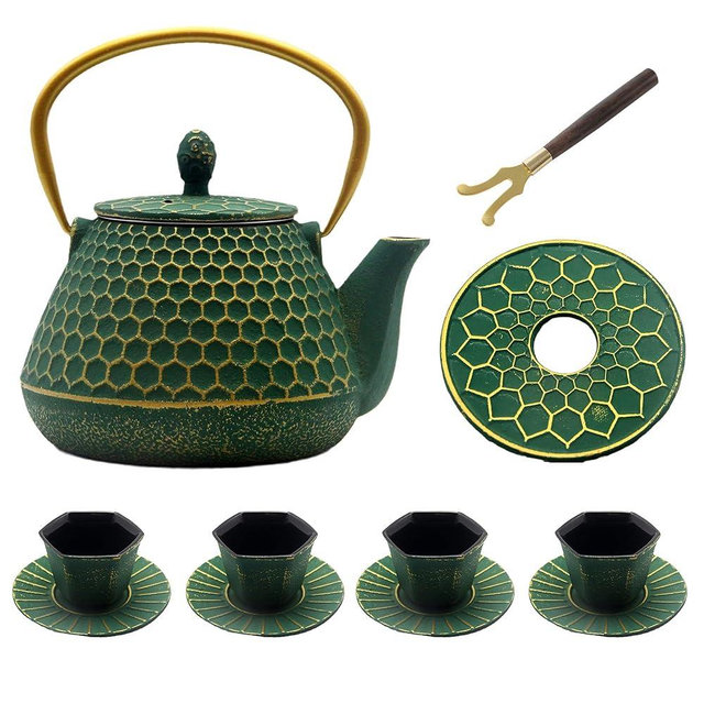 YJX Cast Iron Teapot and Tea Cups Set, 33.8oz Hexagon Pattern Tea Set with Cups and Cup Mats, Enameled Tea Kettle for Stovetop, Durable Tea Pot Set with Stainless Steel Infuser for Loose Leaf