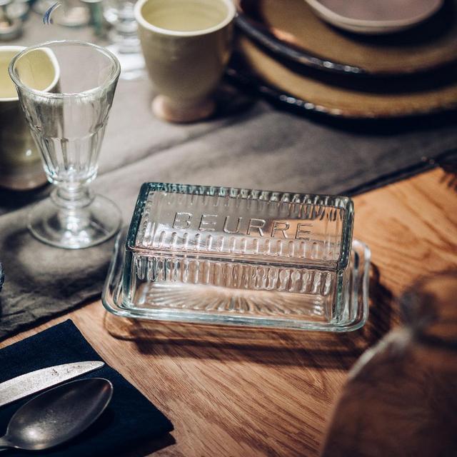 Glass butter dish, Merci
