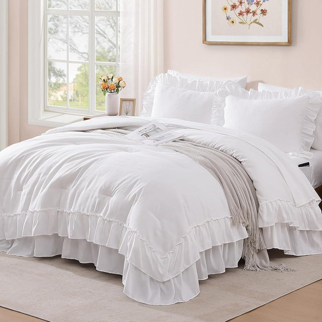 AMBERSPACE Queen Comforter Set White, Ruffle Shabby Chic Bedding Set Farmhouse 7 Pieces, All Season Fluffy Bed in a Bag with Sheets, Pillowcases & Shams