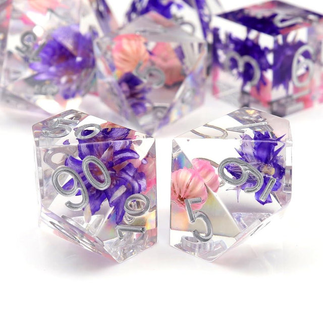 PJOY DND Sharp Edged Dice Set, 7pcs Pink and Purple Flower DND Dice Set Resin D&D Polyhedral Dice with Dice Case for Role Playing Dice Games as Dungeons and Dragons
