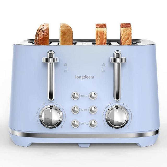 LONGDEEM 4-Slice Toaster, Stainless Steel with Extra-Wide Slots, Bagel/Defrost/Cancel, Reheat + Auto Shut Off Feature Precision 6-Setting Browning Control, Pastel Blue