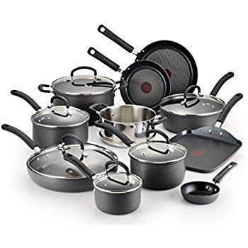 T-fal E765SH Ultimate Hard Anodized Scratch Resistant Titanium Nonstick Thermo-Spot Heat Indicator Anti-Warp Base Dishwasher Safe Oven Safe PFOA Free Cookware Set, 17-Piece, Gray