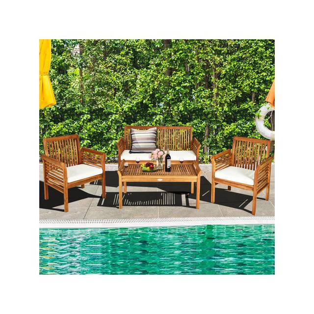 Costway 4 PCS Outdoor Acacia Wood Sofa Furniture Set Cushioned Chair Coffee Table Garden