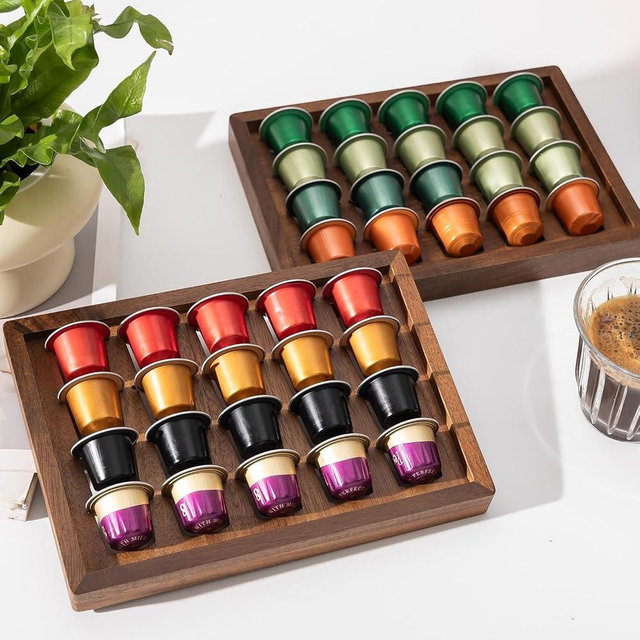 ACBORN 2 PCS Acacia Wood Coffee Pod Holder Tray Compatible with Nespresso Original Line, Organizer, Storage, Container, Capsule Cup Holder for Countertop or Drawer, Total 40 Pods Capacity