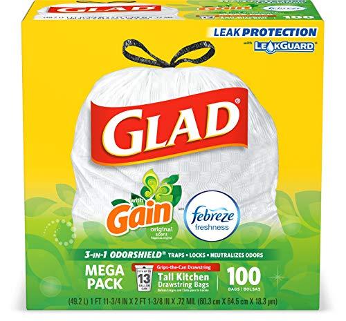Glad ForceFlex Tall Kitchen Drawstring Trash Bags, 13 Gal, 100 Ct (Package May Vary)