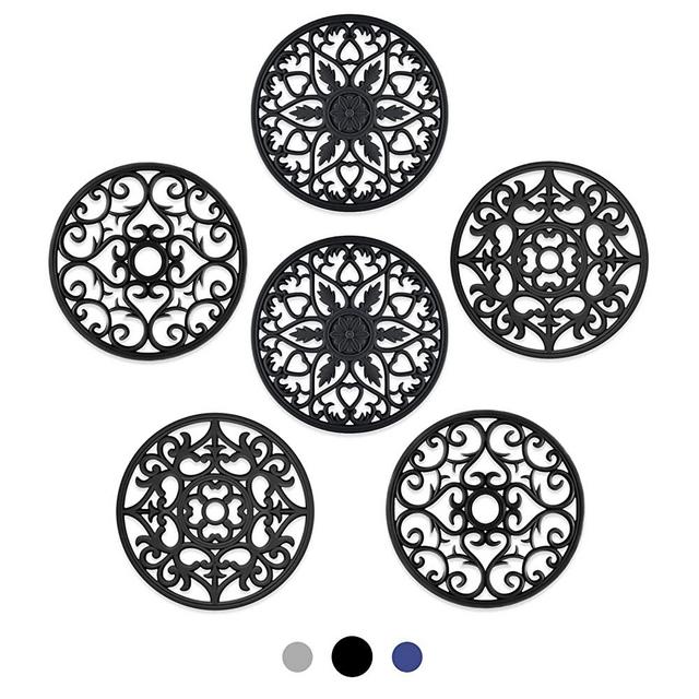 SMARTAKE 6 Set Silicone Trivet Mats, Multi-Use Intricately Carved Coasters, Insulated Non-Slip Durable Kitchen Mats, Flexible Modern Kitchen Table Mat, for Hot Dishes, Pots, Countertop (Black)