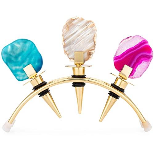 Wine Stoppers Decorative Set with Stand Gold – 3 Crystal & Stainless Steel Champagne Stoppers with Matching Rack – Wine Accessories for Bar Set, Wedding Gifts for Couple, & More by Wanda Living