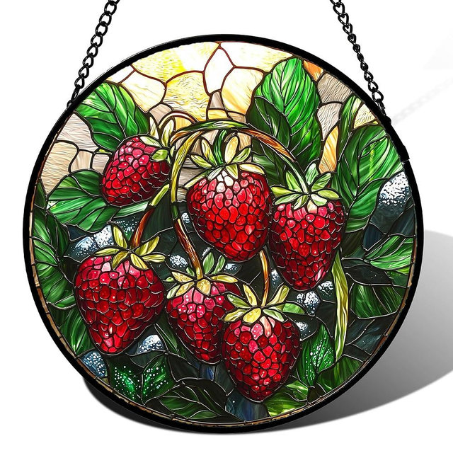 AMDERVEN Stained Glass Suncatcher, Red Strawberry Green Leaf Sun Catcher Silver Background Stain Glass Window Hanging Decoration Mother's Day Birthday Gifts for Women Men Mom Nana 7.8 in