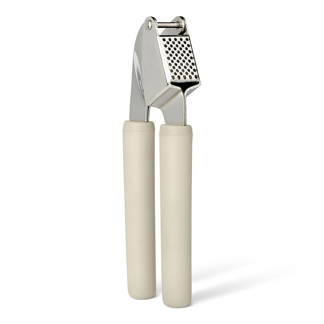 Amazon Basics Garlic Press, Soft Grip Handle, Dishwasher-Safe, Linen Gray