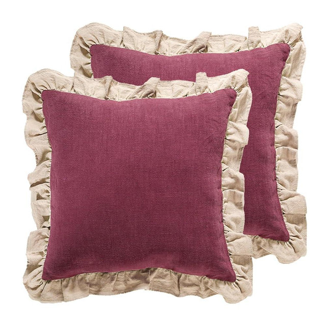 patdrea Shabby Chic Rhodo Decorative Throw Pillow Covers 18x18 2 Piece Set,Farmhouse Red Linen Pillow Covers with Ruffles,Square Sturdy Throw Pillow Covers for Sofa Bed, Living Room.